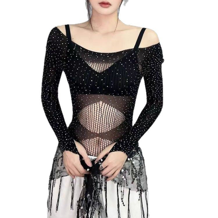 High-Elastic Sheer Rhinestone Long-Sleeve Bodysuit