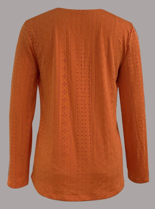 Women’s Long-Sleeve V-Neck Blouse – Button-Front Semi-Sheer Top
