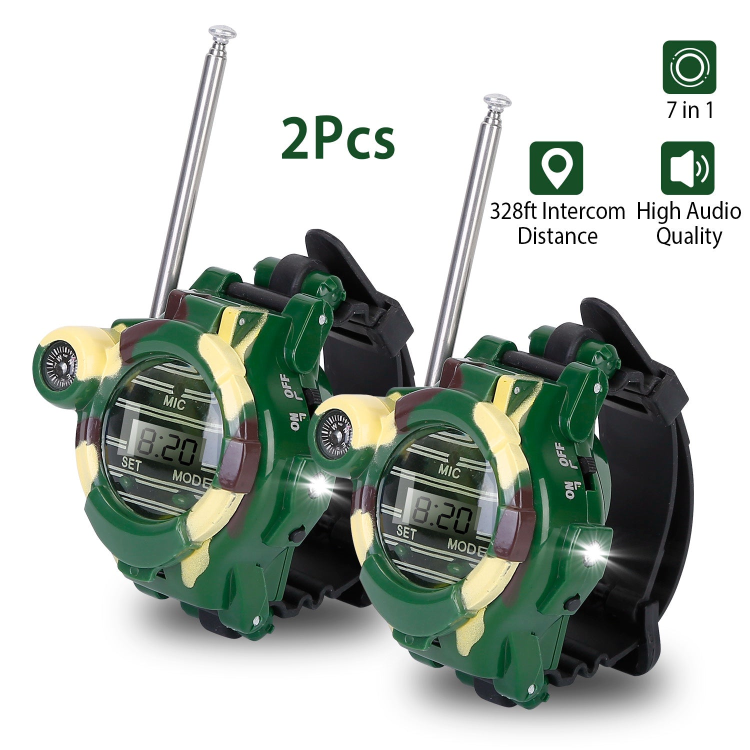 2Pcs Walkie Talkies Watches Toy 7 in 1 Two-Way Interphone Kids Wrist Watch w/ Flashlight Christmas Gift for Boys Girls Age 6+