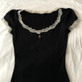 Women's Short Sleeve Lace T-Shirt – Black, Red & Plaid