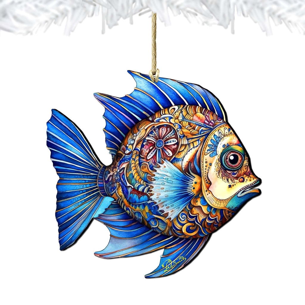 Coastal Christmas Ornaments - Aquamarine Aqua Fish Wooden Ornaments by G. Debrekht Coastal Holiday Decor - 8688306