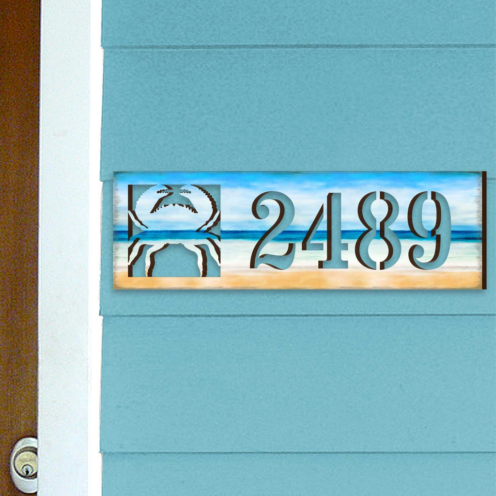 Beach House Numbers - Custom Coastal Door Number Sign - Crab Wooden Cottage Number Plaque - Nautical Home Address Sign MA989809