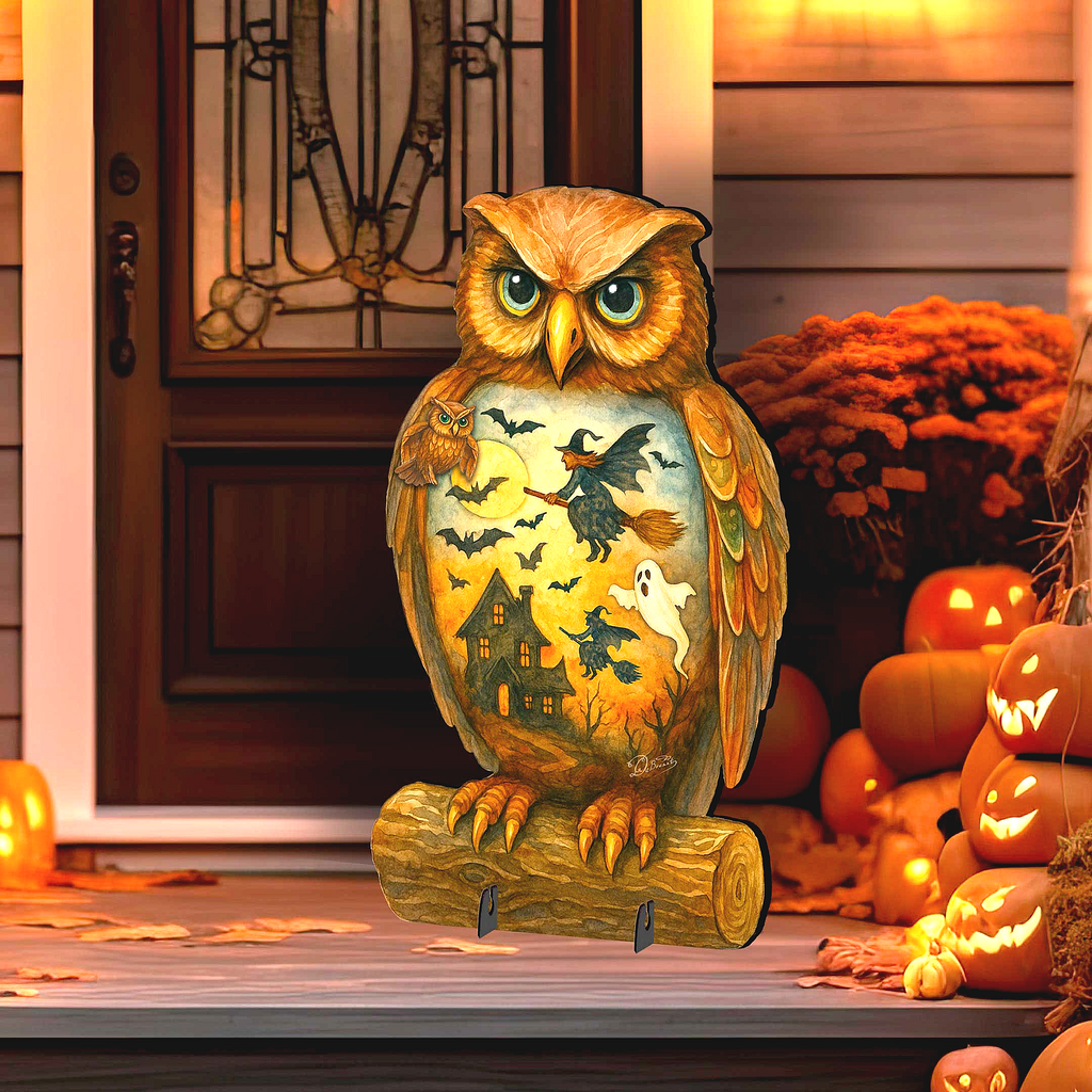 Halloween Owl Freestanding Outdoor Décor – Handcrafted Wooden Yard Display by G. DeBrekht – 8652836F