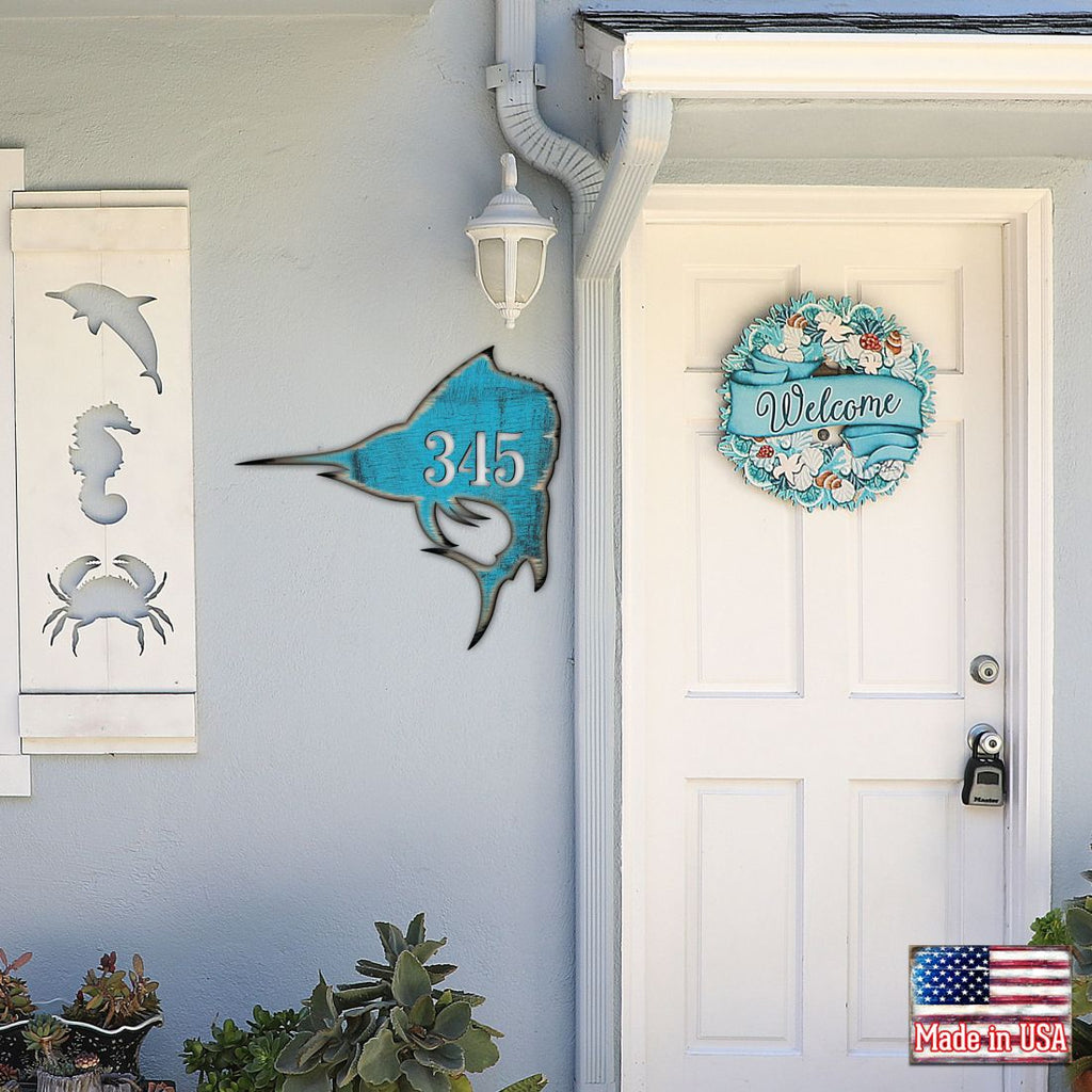 Swordfish Coastal Personalized House Number Sign by G. Debrekht - Coastal Sea-Life Decor - Handcrafted Wooden Handcrafted Wooden Handcrafted Wooden Address Sign - MA98549