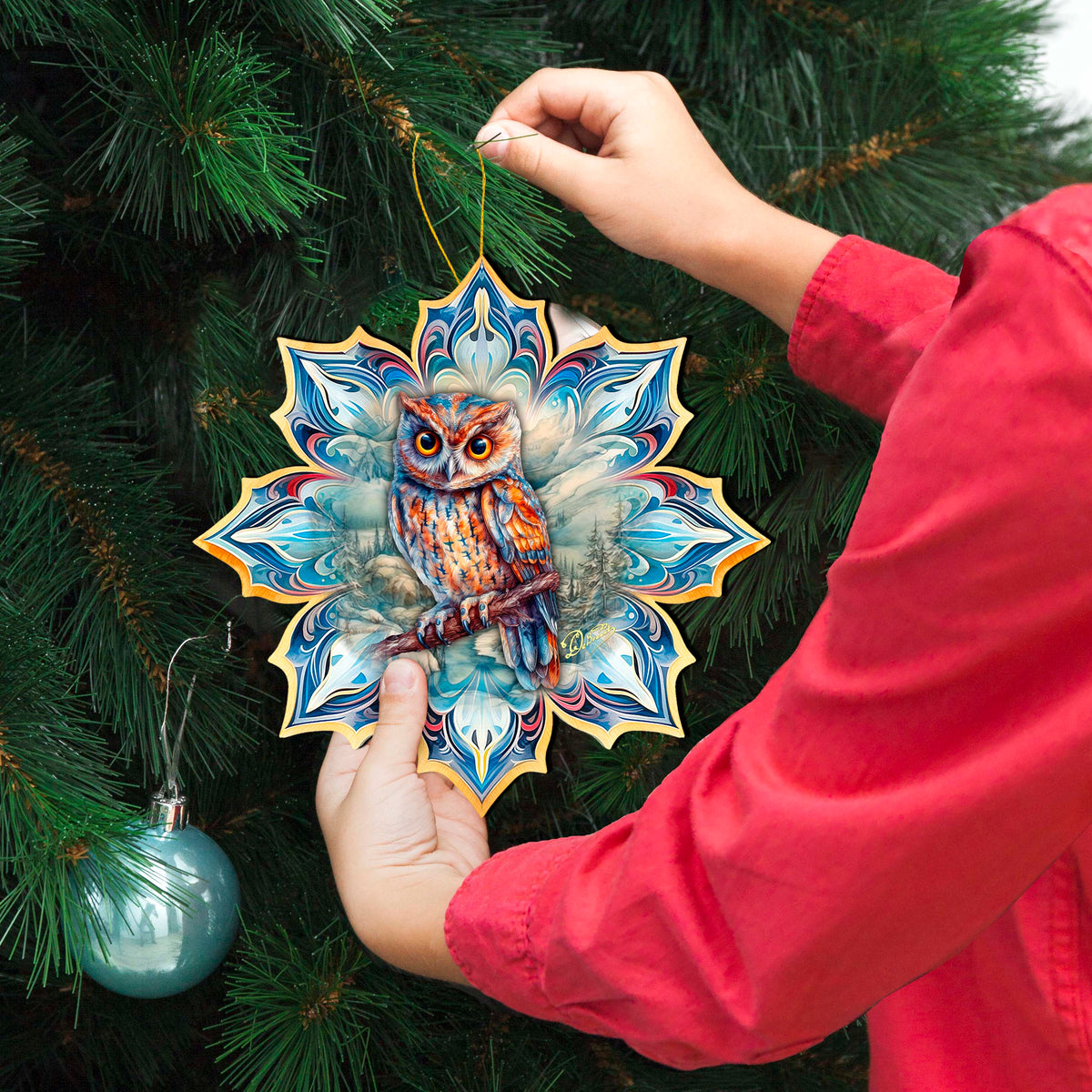 Great Horned Owl Snowflake Large Wooden Ornament by G. Debrekht - Nature Wildlife Decor - 8688436M