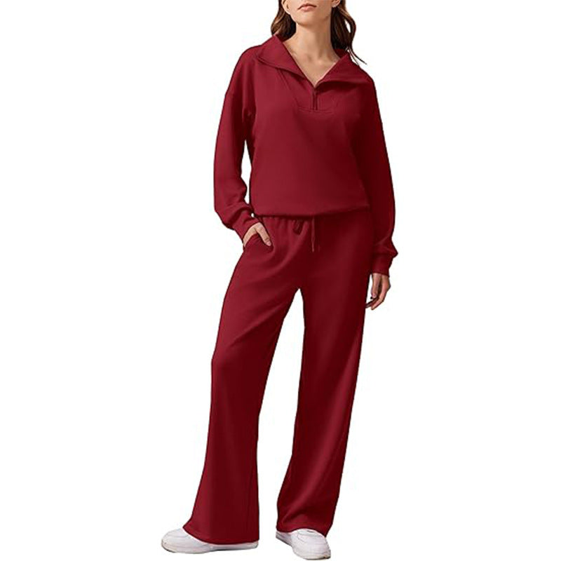 Women’s Casual Two-Piece Set – Lapel Top & Wide-Leg Pants