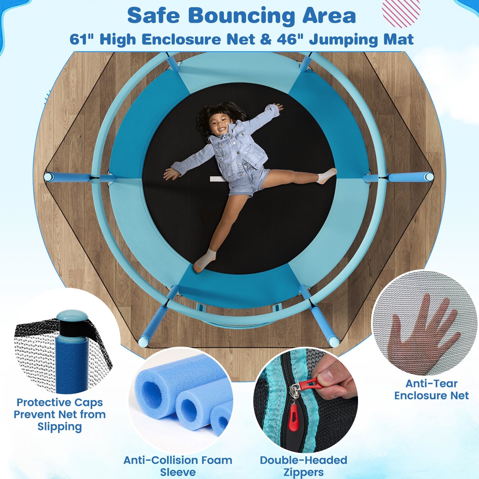 60 Inch Trampoline with Gymnastic Bar and Rings for Kids-Blue