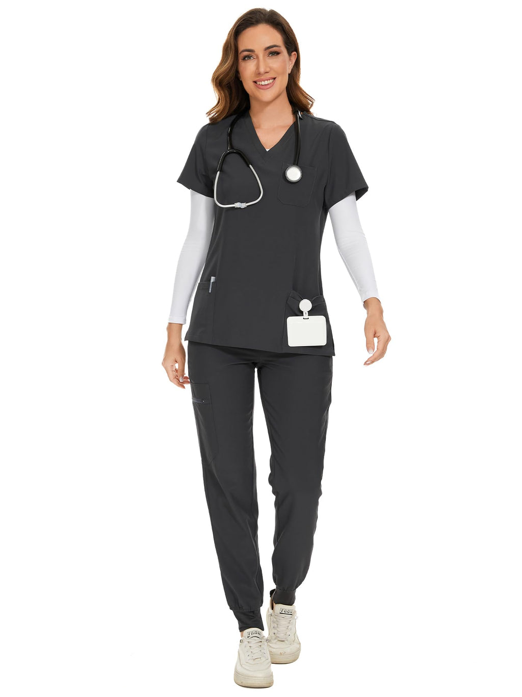 COZYFIT Scrubs for Women Set - Stretch V-Neck & Jogger Pant with 9 Pockets