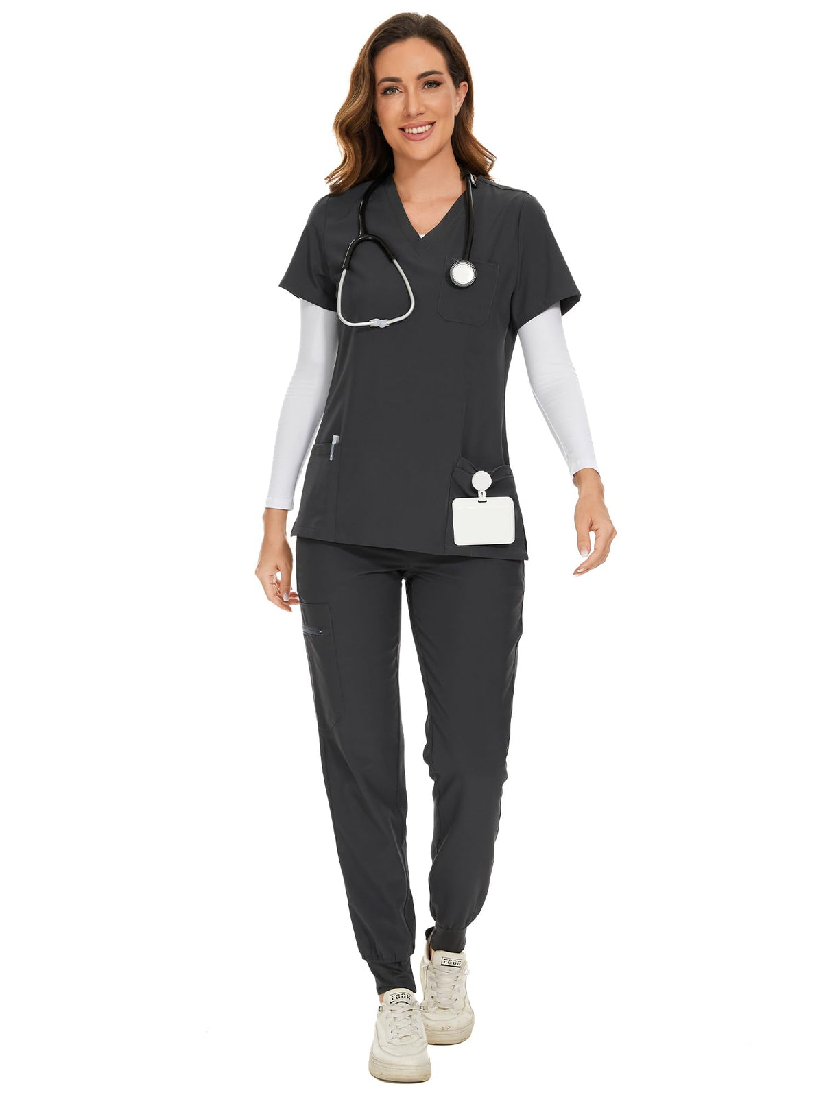 COZYFIT Scrubs for Women Set - Stretch V-Neck & Jogger Pant with 9 Pockets