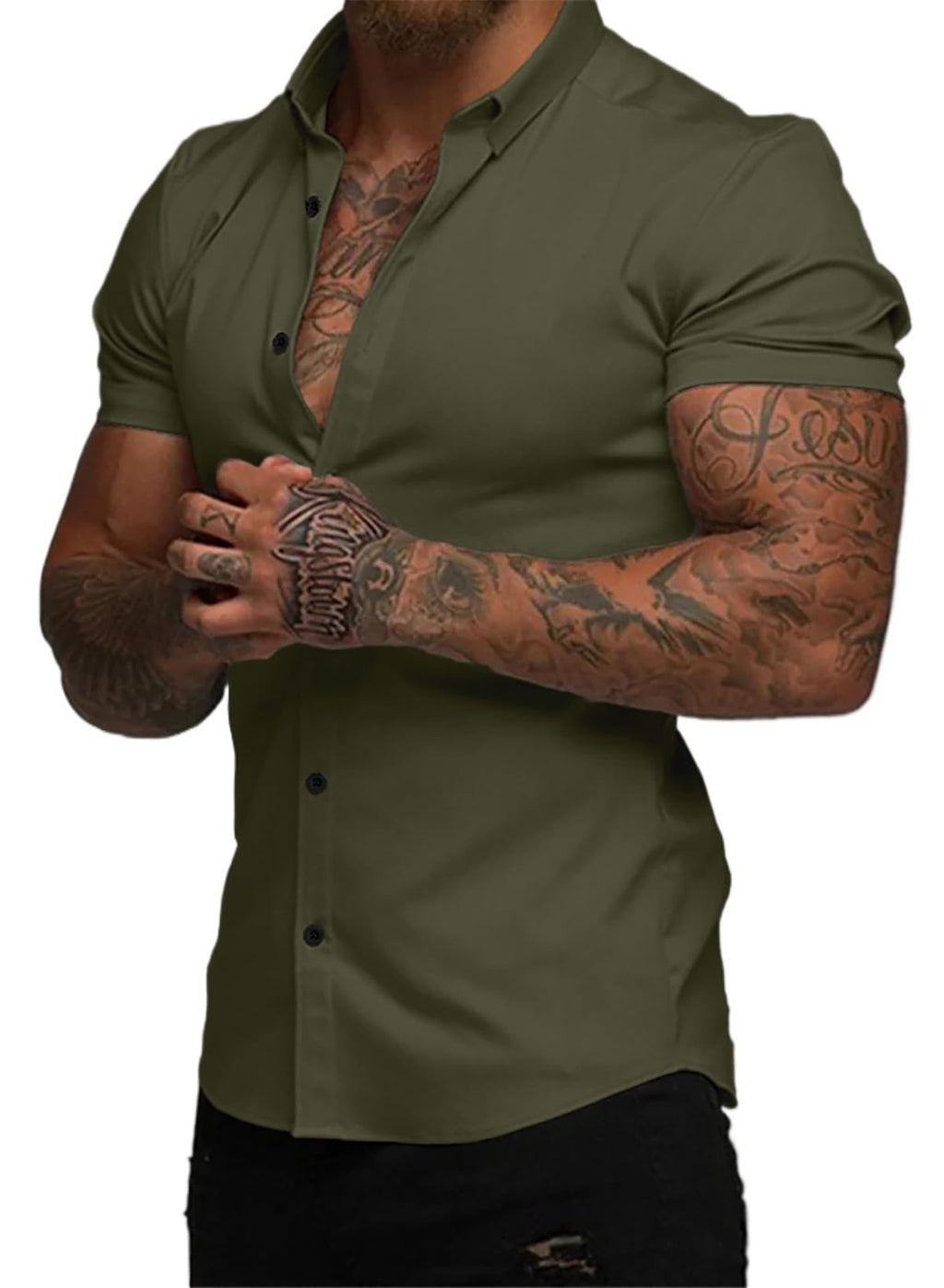 JMIERR Men's Muscle Fit High Stretch Wrinkle-Free Button Down Dress Shirts Summer Casual Short Sleeve Shirt