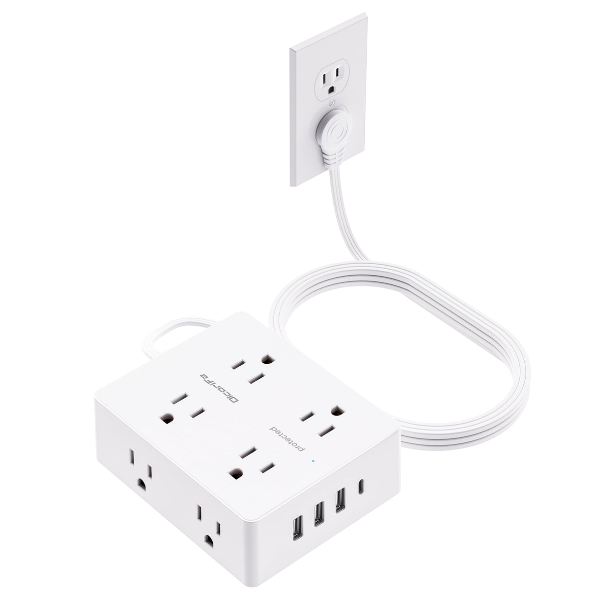 Olcorife Flat Plug Power Strip with 10 FT Extension Cord, 8 Outlets 4 USB Ports(1 USB C), 3 Sided Outlet Extender for Home Office Travel Dorm Room Essentials, White