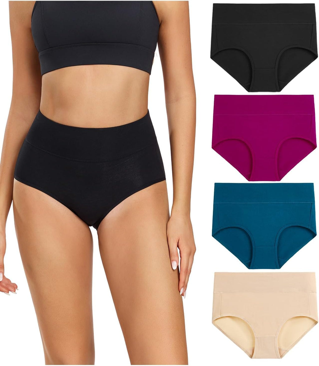 wirarpa Women's Cotton Underwear High Waisted Ladies Panties Full Coverage Briefs 4 Pack (Regular & Plus Size)