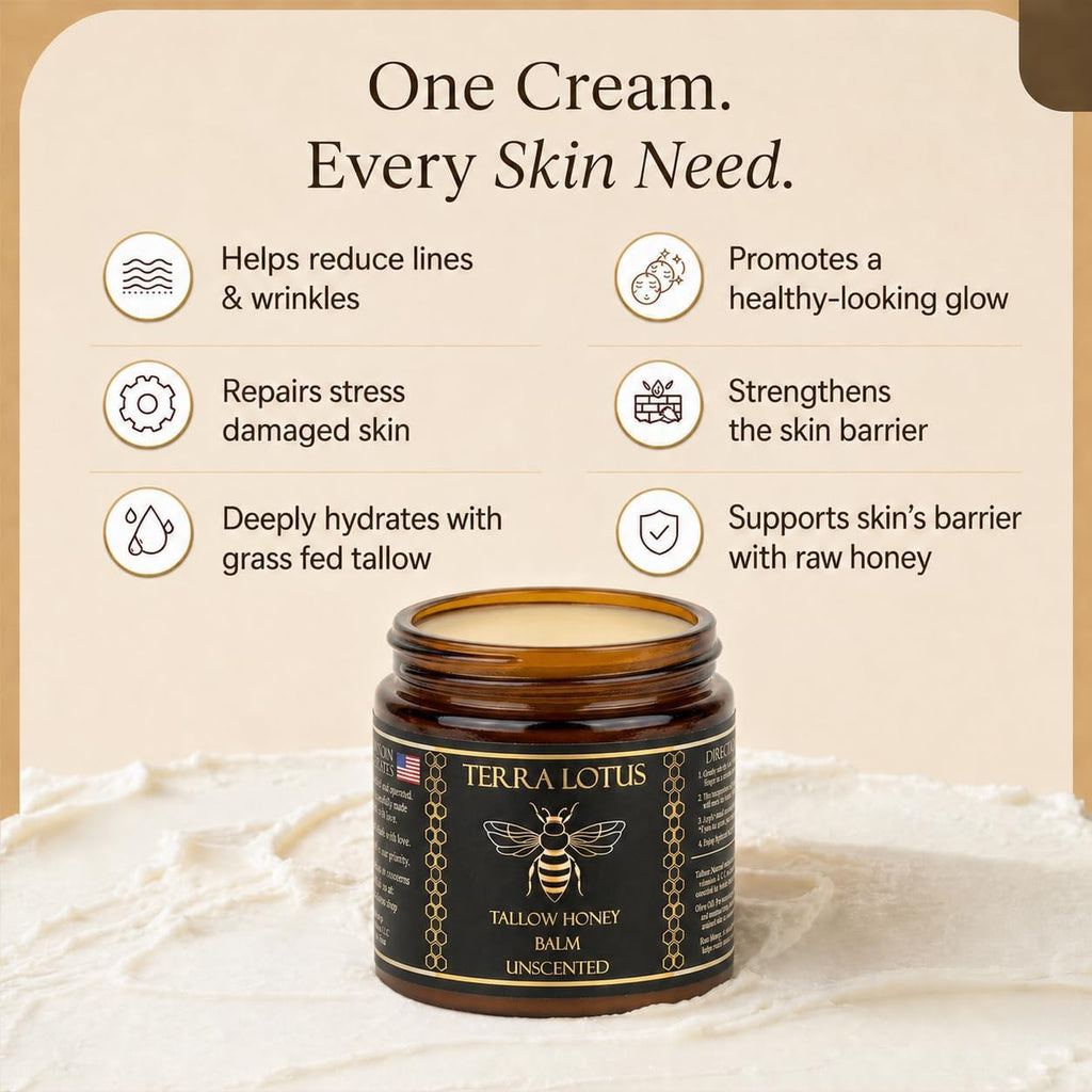 Terra Lotus - Organic Grass-Fed Beef Tallow Balm with Raw Honey - Moisturizing Cream - Handmade All-Natural Moisturizer (4 Oz, Unscented)