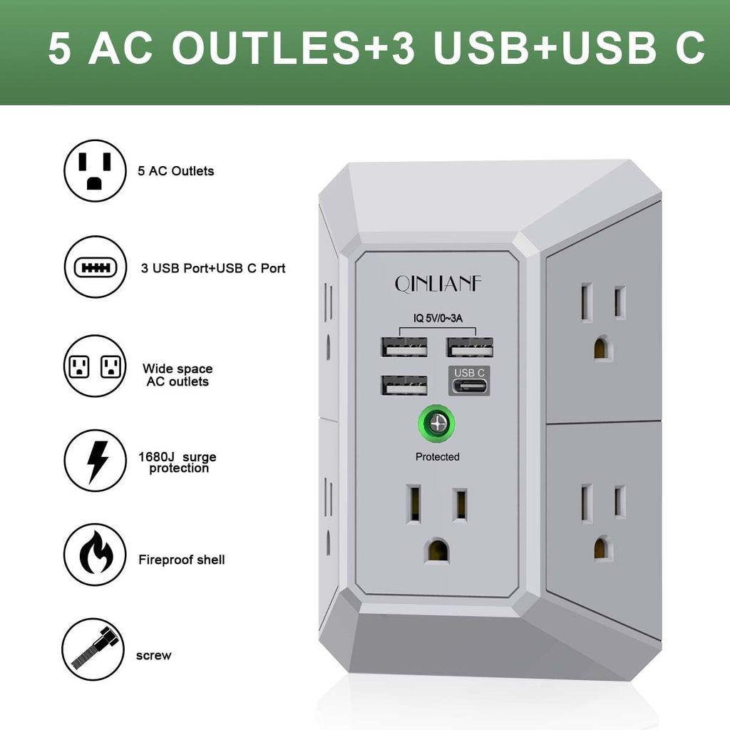 Wall Charger, Surge Protector, QINLIANF 5 Outlet Extender with 4 USB Ports