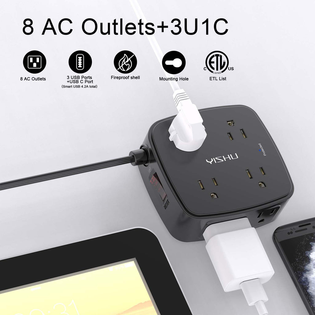 YISHU 6Ft Surge Protector Power Strip with 8 Widely Outlets & 4 USB Ports