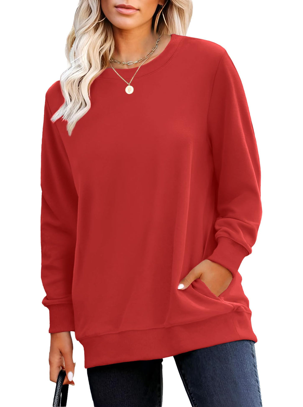 RUMIA Crewneck Fall Sweatshirt for Women Plain Long Sleeve Top with Pocket