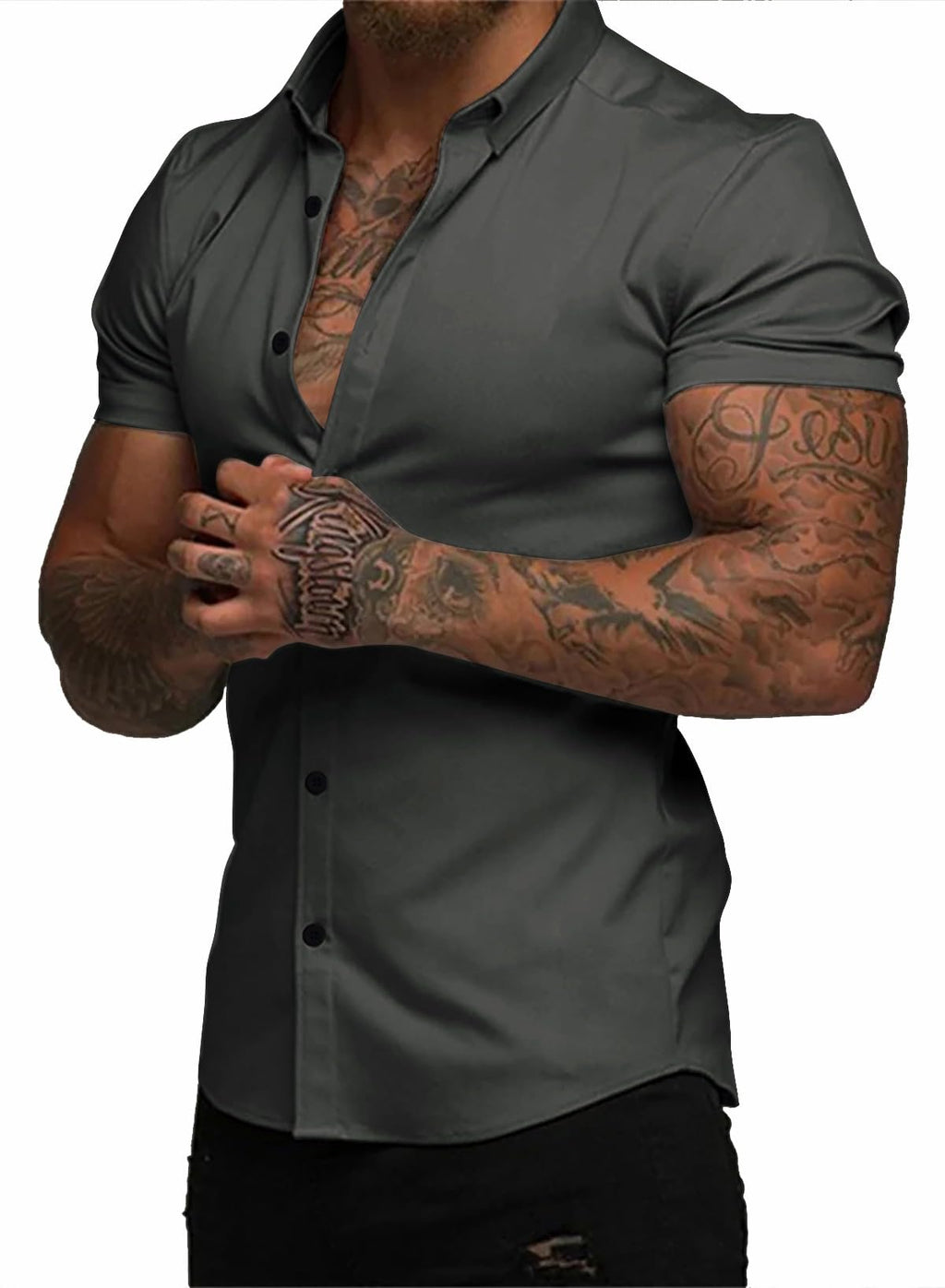 JMIERR Men's Muscle Fit High Stretch Wrinkle-Free Button Down Dress Shirts Summer Casual Short Sleeve Shirt