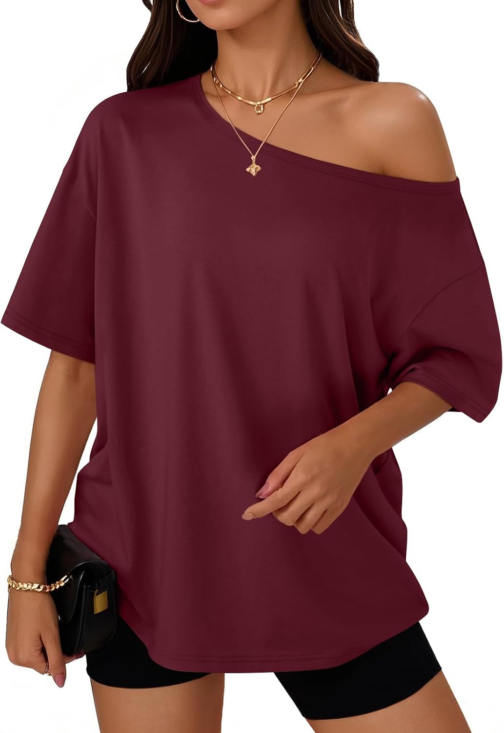 Trendy Queen Womens Off the Shoulder Tops Oversized Summer T-Shirts 2026