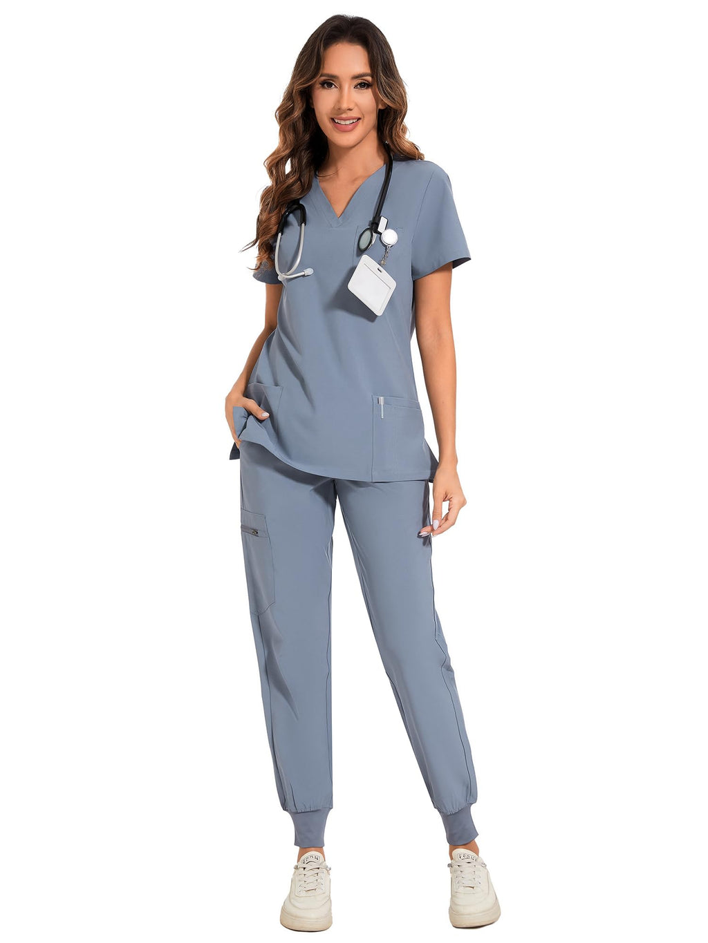 COZYFIT Scrubs for Women Set - Stretch V-Neck & Jogger Pant with 9 Pockets