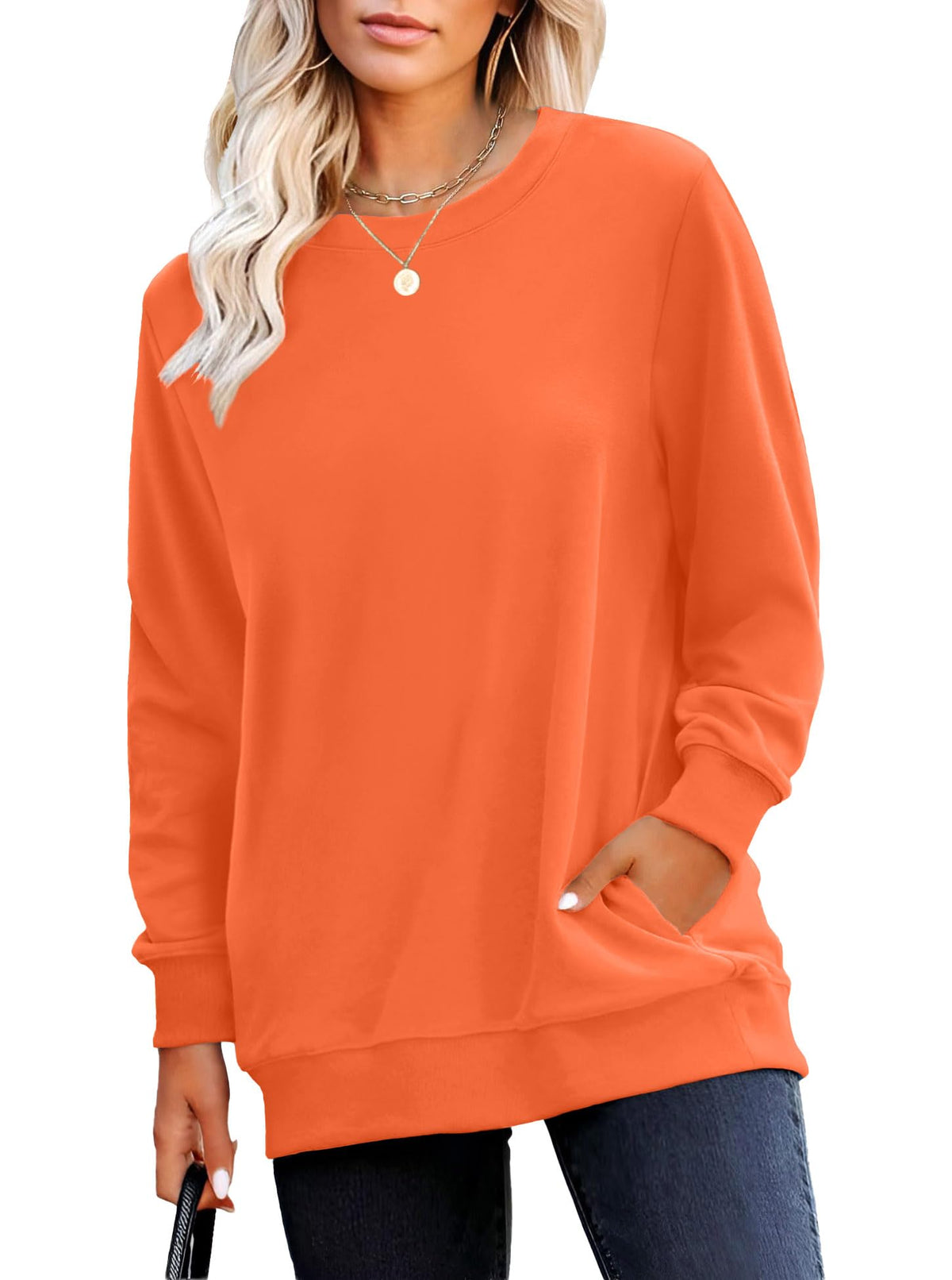 RUMIA Crewneck Fall Sweatshirt for Women Plain Long Sleeve Top with Pocket