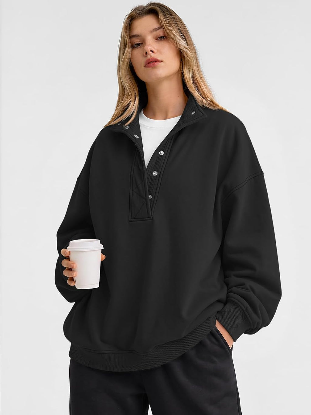 Trendy Queen Womens Oversized Sweatshirts with Snap Button Henley Collar