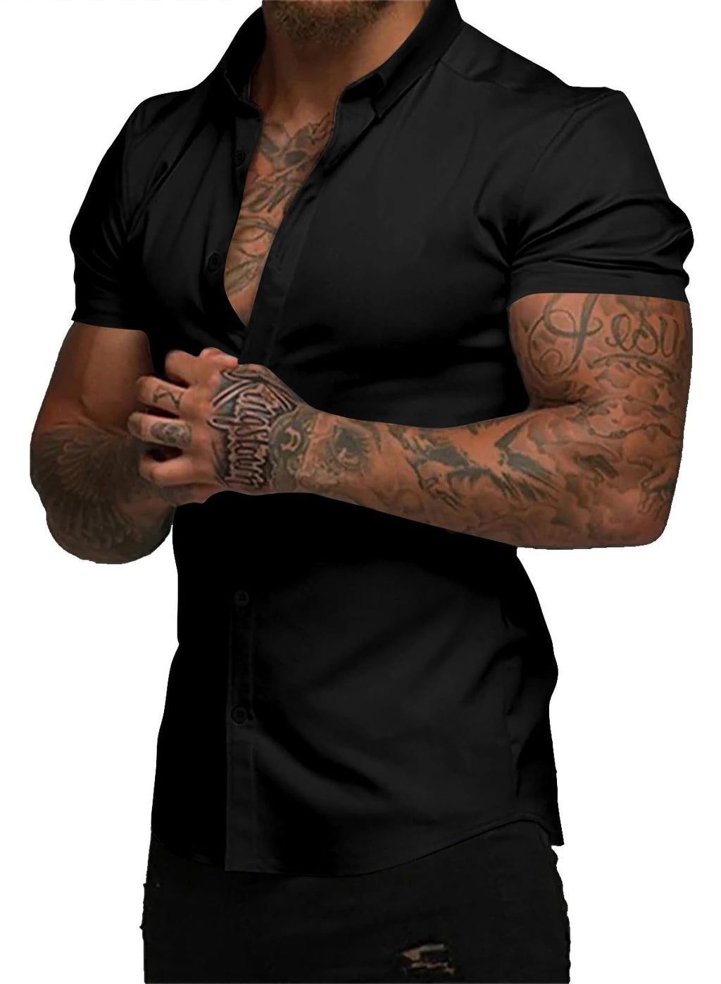 JMIERR Men's Muscle Fit High Stretch Wrinkle-Free Button Down Dress Shirts Summer Casual Short Sleeve Shirt