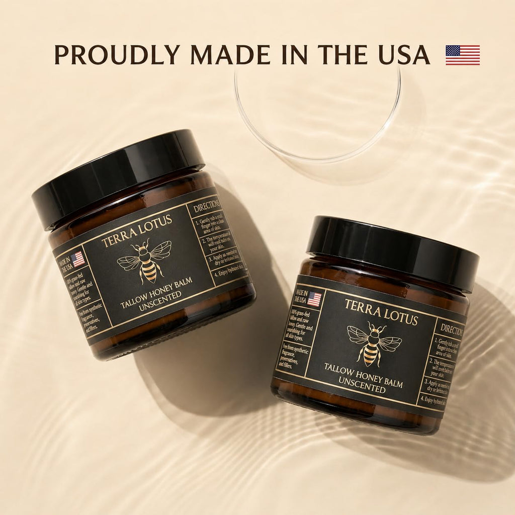 Terra Lotus - Organic Grass-Fed Beef Tallow Balm with Raw Honey - Moisturizing Cream - Handmade All-Natural Moisturizer (4 Oz, Unscented)