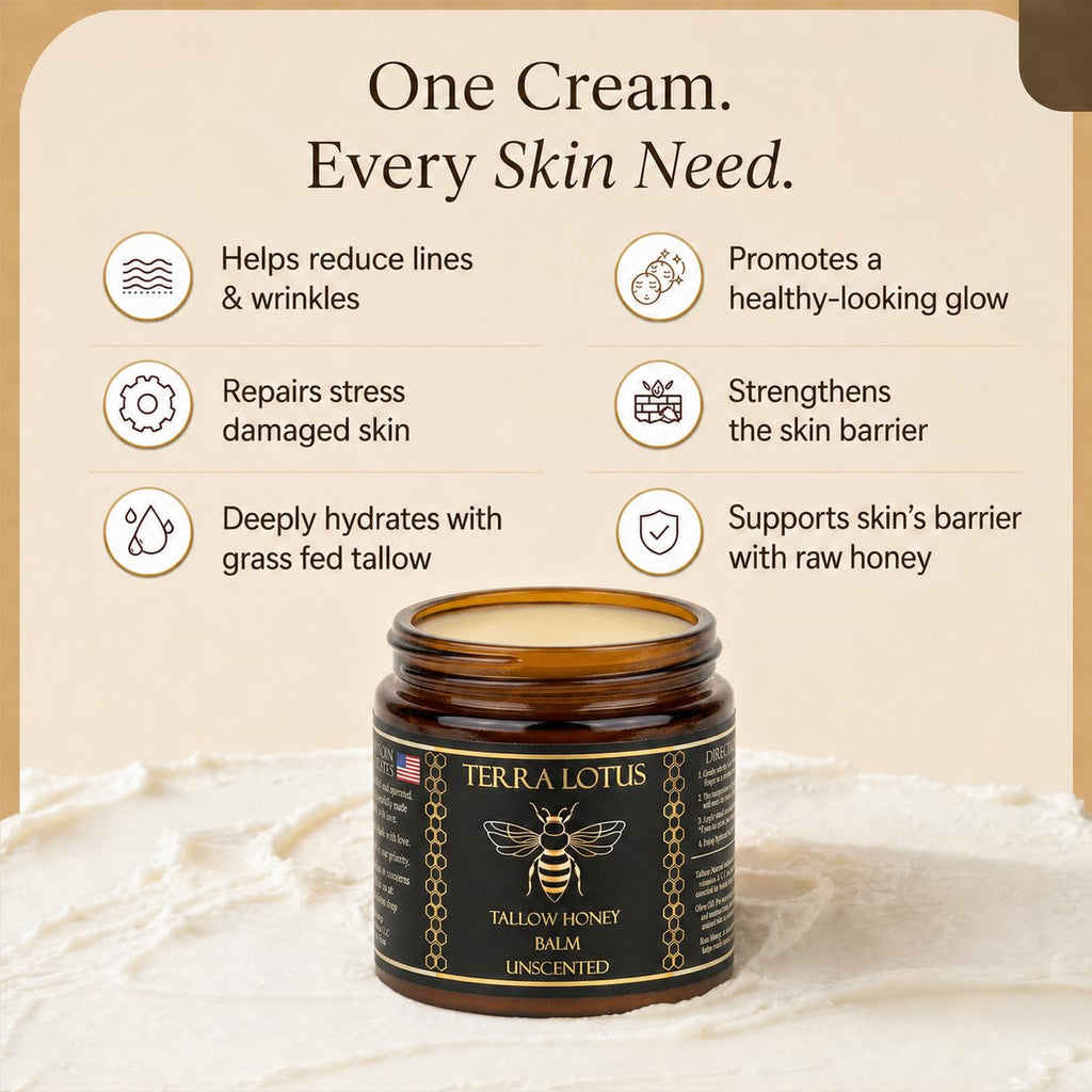 Terra Lotus - Organic Grass-Fed Beef Tallow Balm with Raw Honey - Moisturizing Cream - Handmade All-Natural Moisturizer (4 Oz, Unscented)