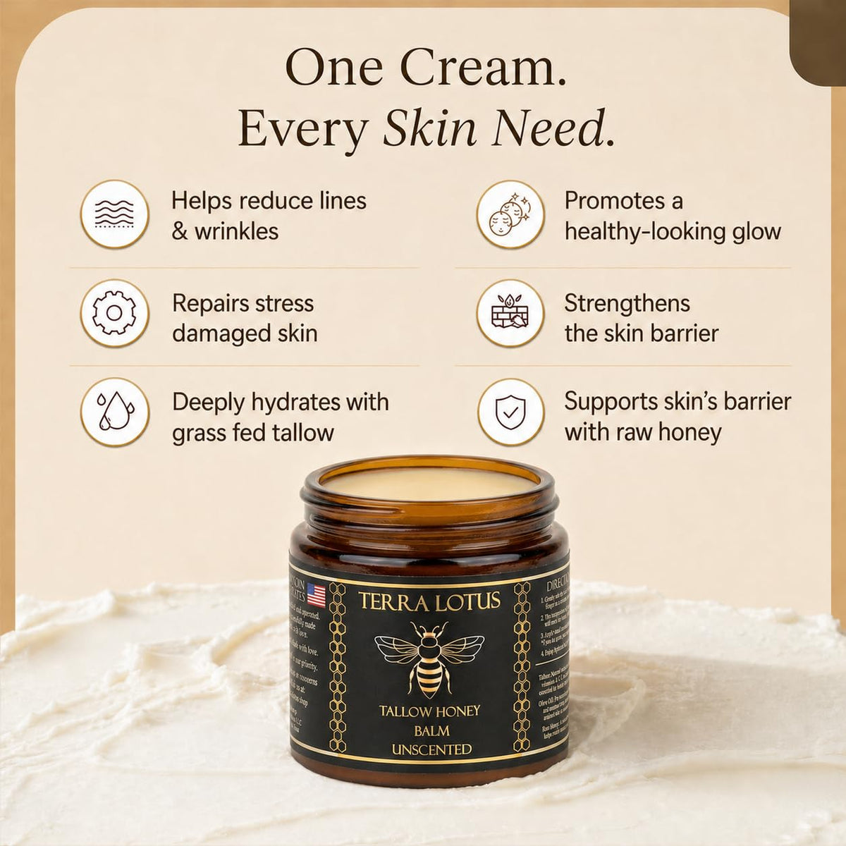 Terra Lotus - Organic Grass-Fed Beef Tallow Balm with Raw Honey - Moisturizing Cream - Handmade All-Natural Moisturizer (4 Oz, Unscented)