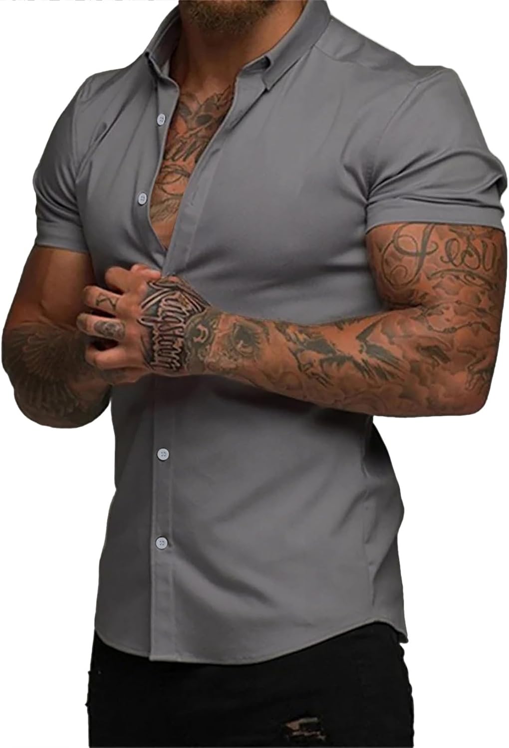 JMIERR Men's Muscle Fit High Stretch Wrinkle-Free Button Down Dress Shirts Summer Casual Short Sleeve Shirt