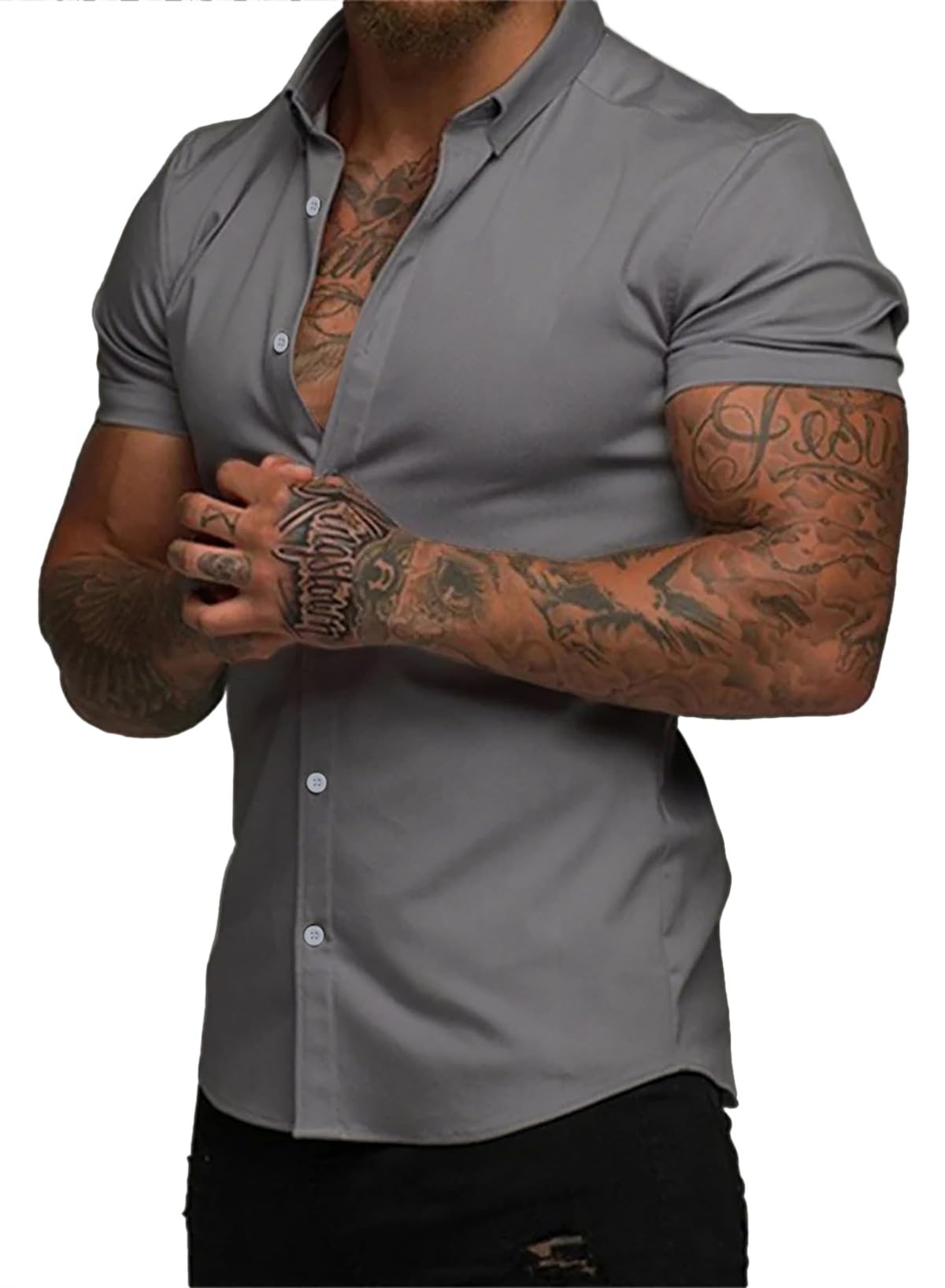 JMIERR Men's Muscle Fit High Stretch Wrinkle-Free Button Down Dress Shirts Summer Casual Short Sleeve Shirt