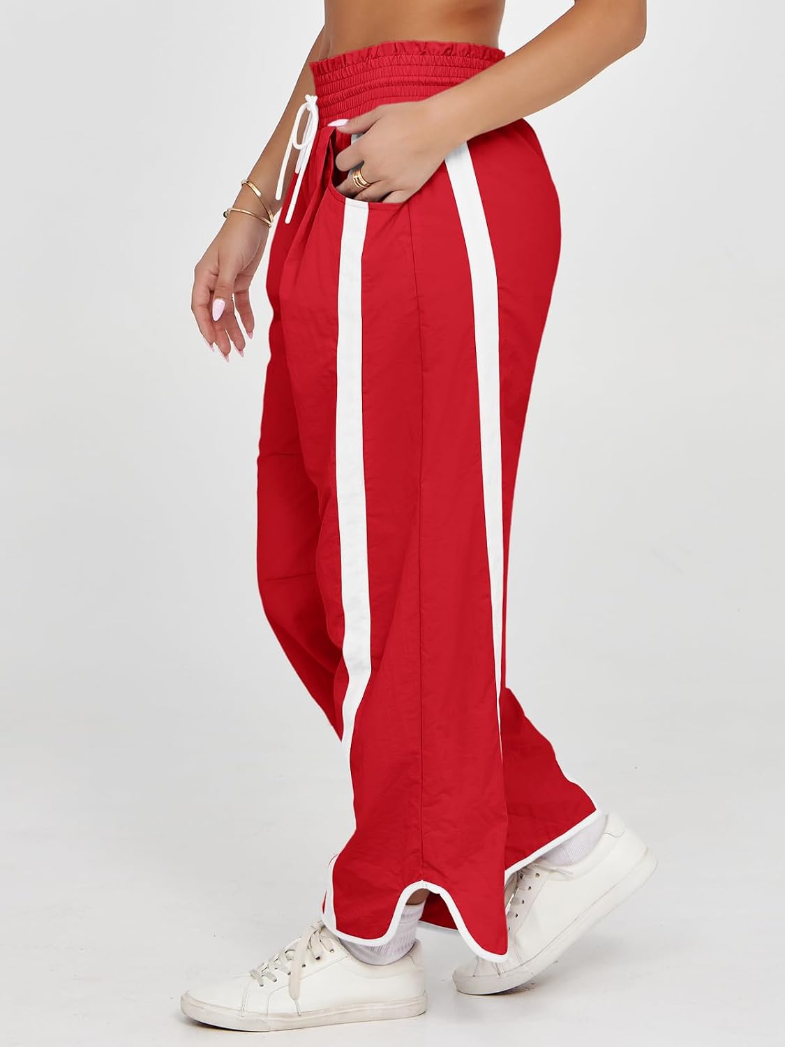 Fisoew Women's Baggy Wide Leg Pants Casual Drawstring Elastic Waisted Contrast Color Workout Y2K Track Pants