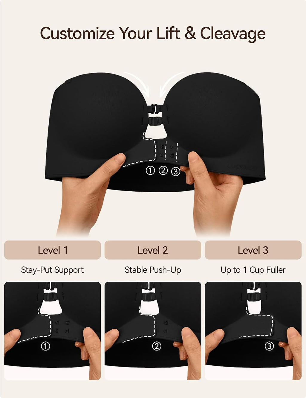 LUCKMEEY Women's Strapless Front Closure Push Up Bra, Non-Slip Removable Straps, Wireless Seamless, A-C Cup