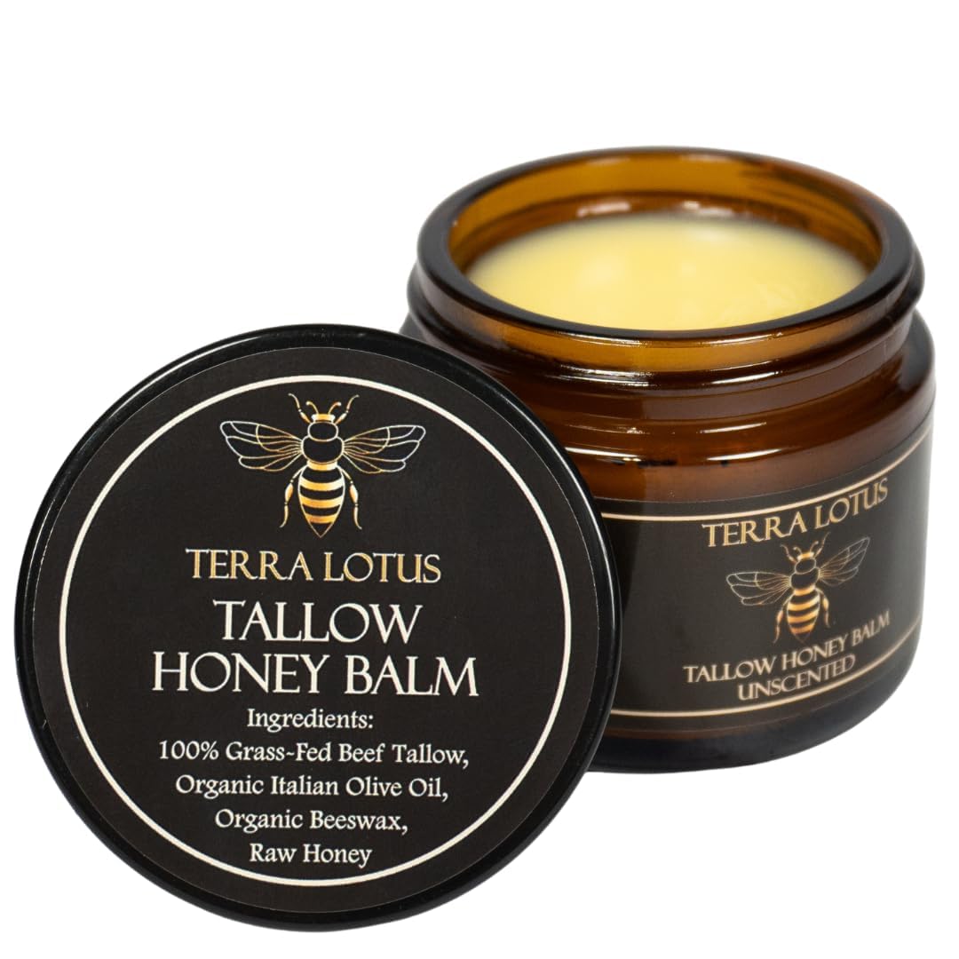 Terra Lotus - Organic Grass-Fed Beef Tallow Balm with Raw Honey - Moisturizing Cream - Handmade All-Natural Moisturizer (4 Oz, Unscented)
