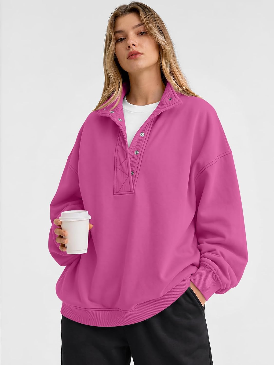 Trendy Queen Womens Oversized Sweatshirts with Snap Button Henley Collar