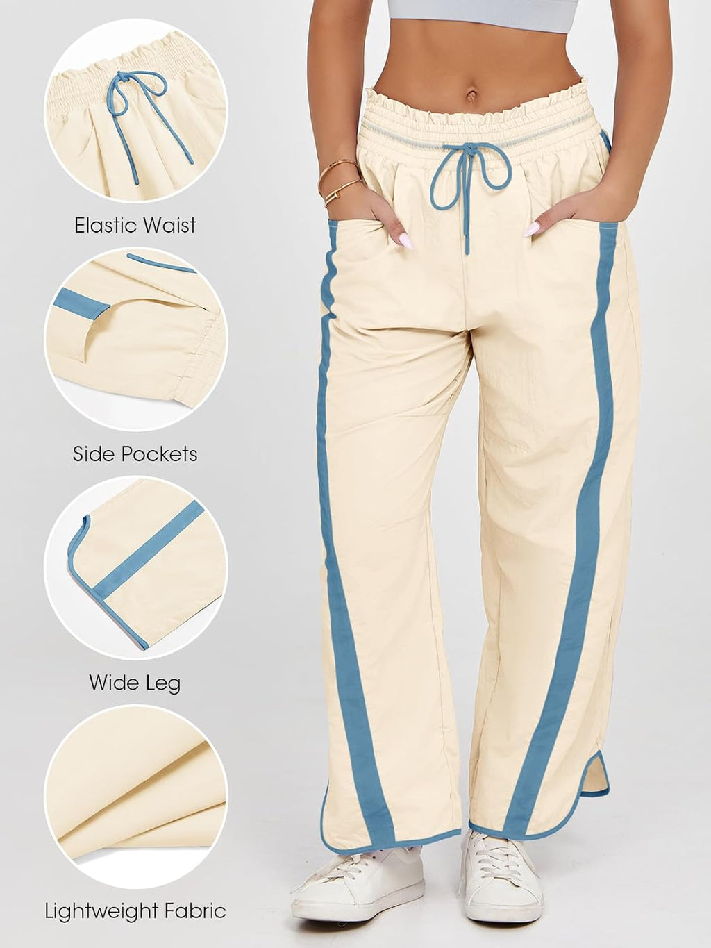 Fisoew Women's Baggy Wide Leg Pants Casual Drawstring Elastic Waisted Contrast Color Workout Y2K Track Pants