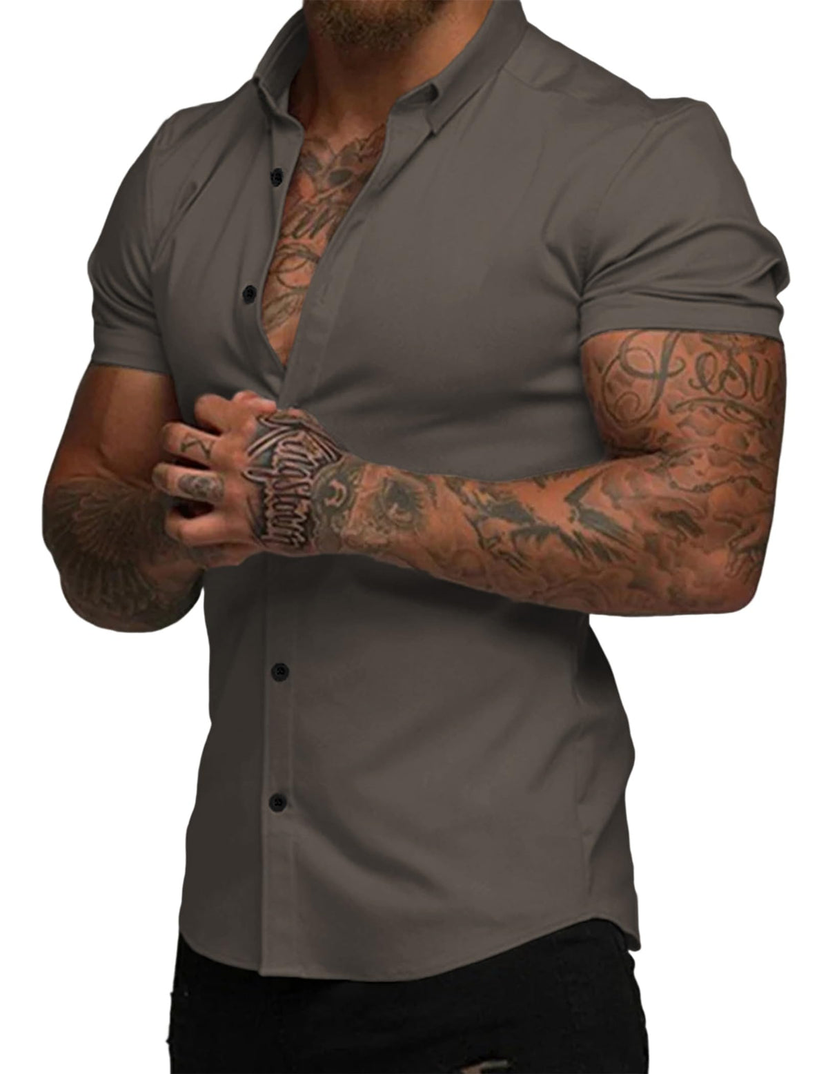 JMIERR Men's Muscle Fit High Stretch Wrinkle-Free Button Down Dress Shirts Summer Casual Short Sleeve Shirt