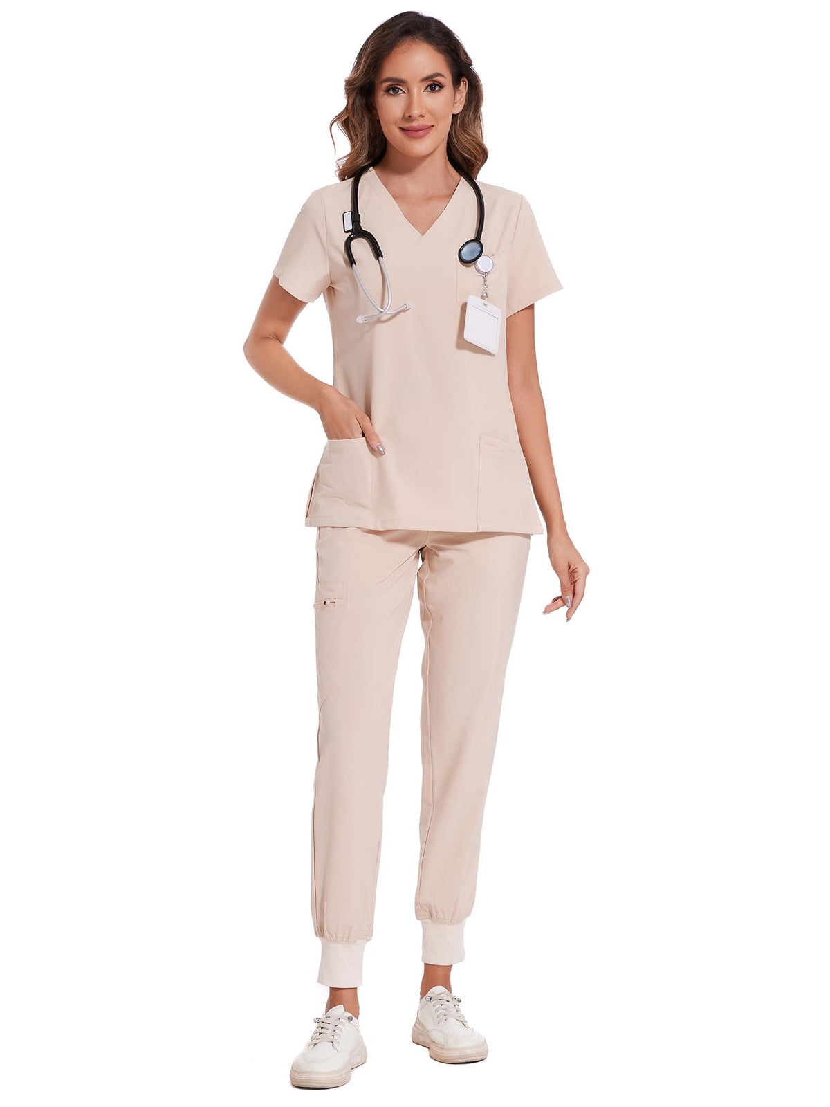 COZYFIT Scrubs for Women Set - Stretch V-Neck & Jogger Pant with 9 Pockets