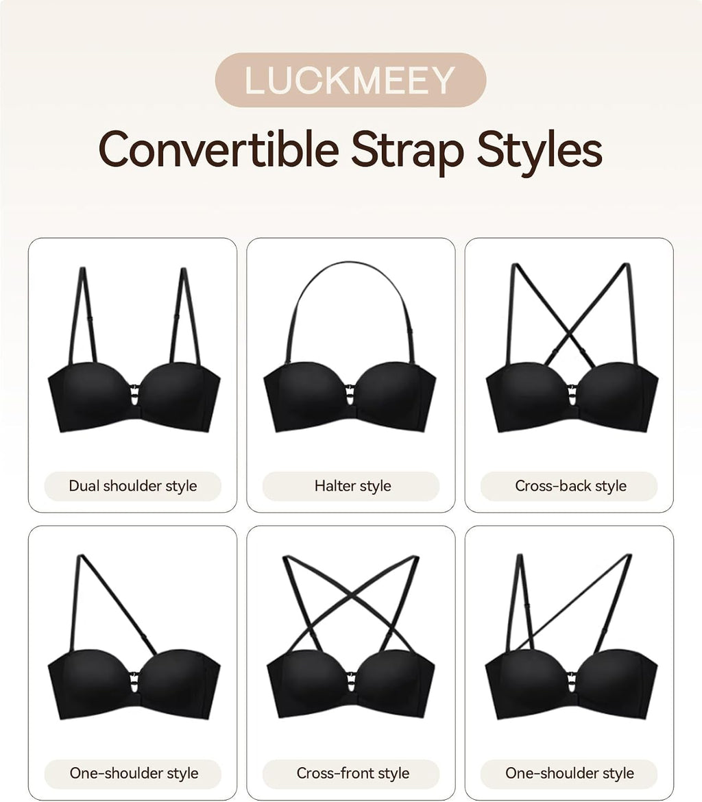 LUCKMEEY Women's Strapless Front Closure Push Up Bra, Non-Slip Removable Straps, Wireless Seamless, A-C Cup