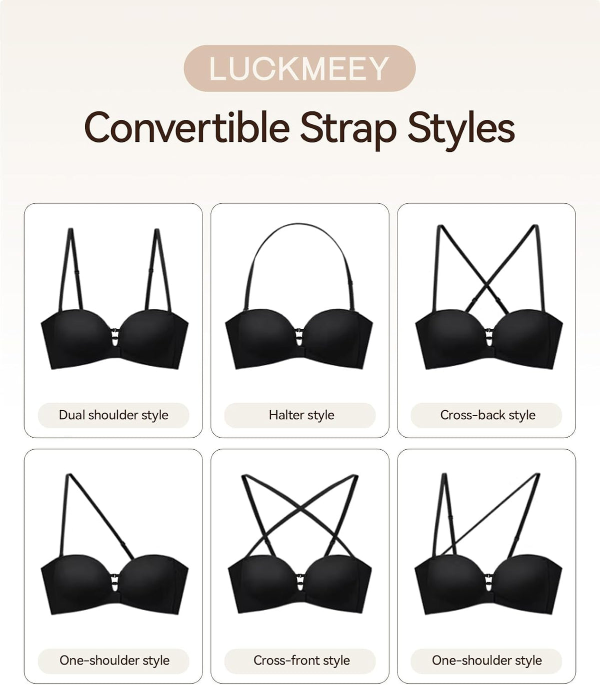 LUCKMEEY Women's Strapless Front Closure Push Up Bra, Non-Slip Removable Straps, Wireless Seamless, A-C Cup