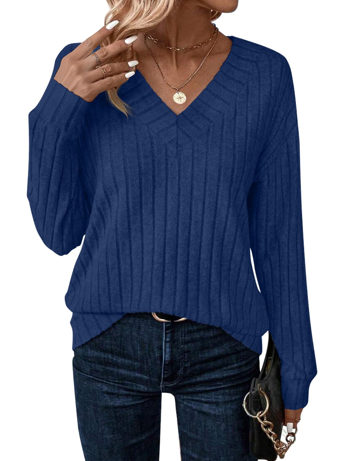 JUSTFASHIONNOW Long Sleeve V Neck Shirts for Women Lightweight Sweaters