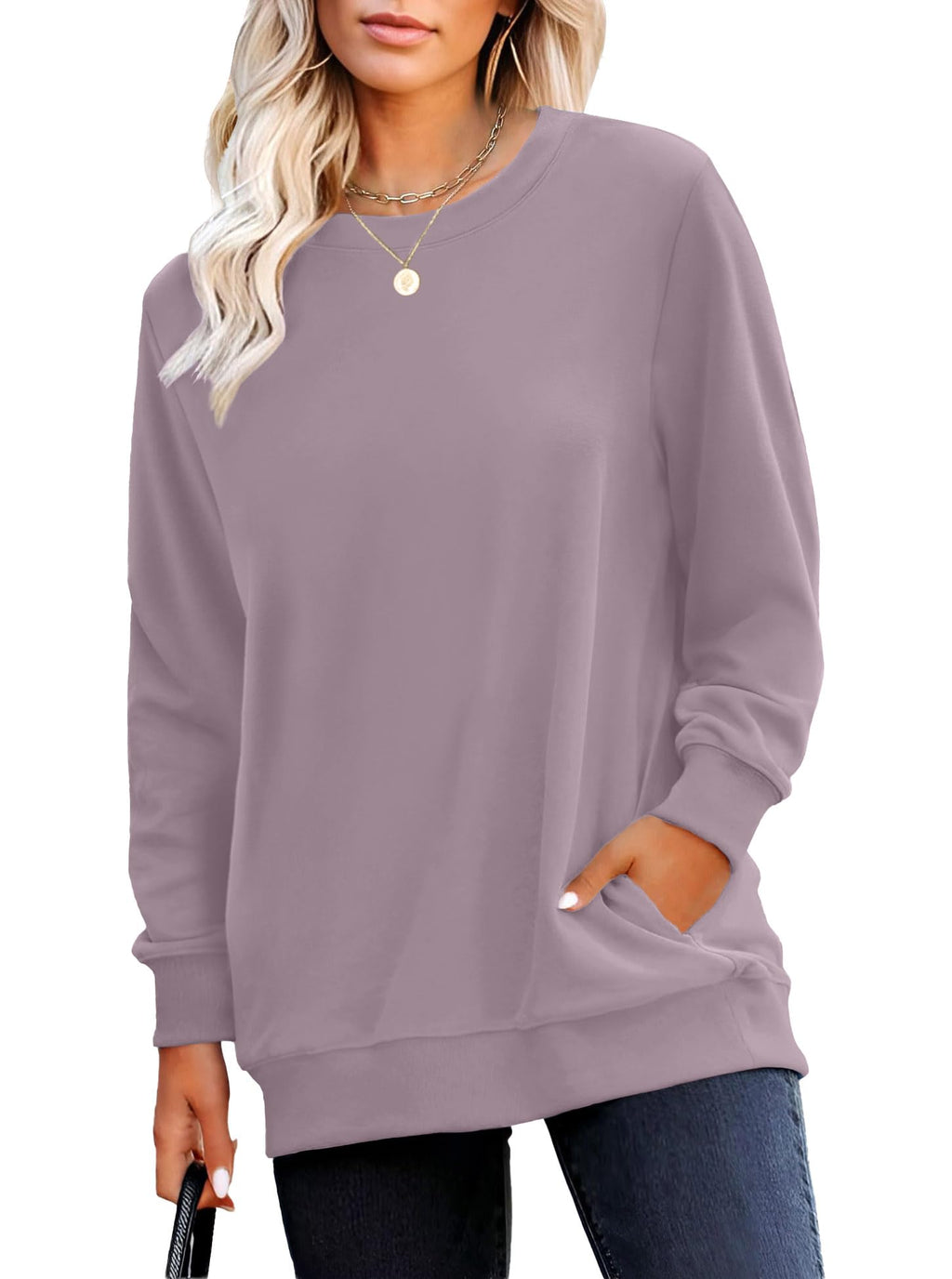 RUMIA Crewneck Fall Sweatshirt for Women Plain Long Sleeve Top with Pocket
