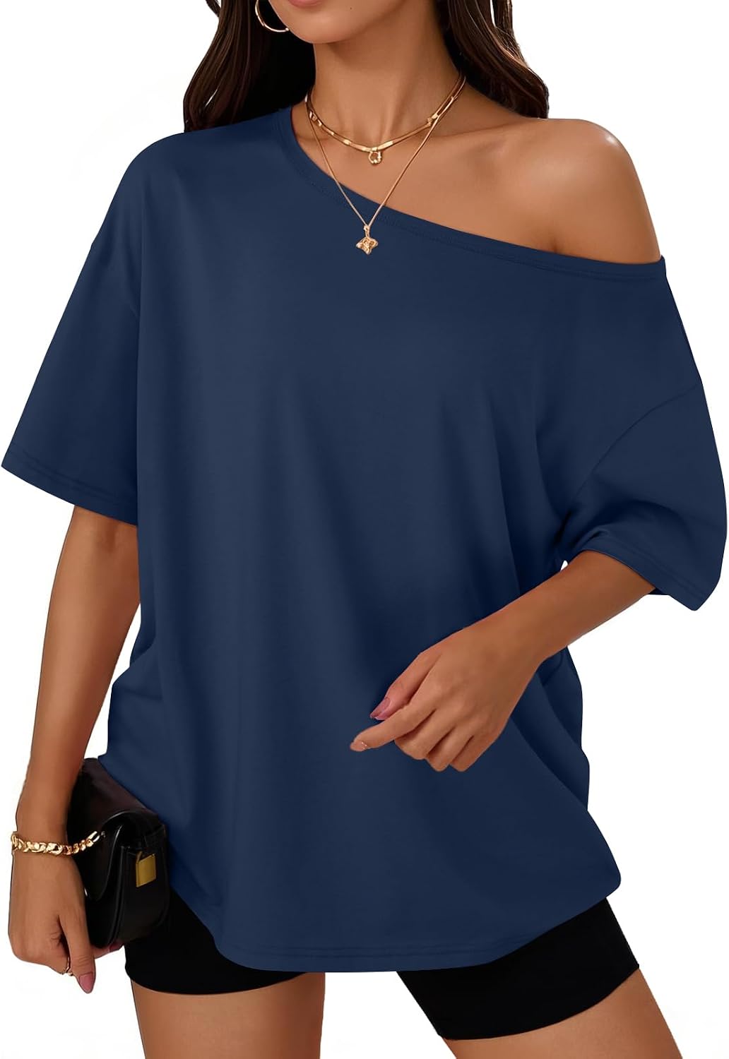 Trendy Queen Womens Off the Shoulder Tops Oversized Summer T-Shirts 2026