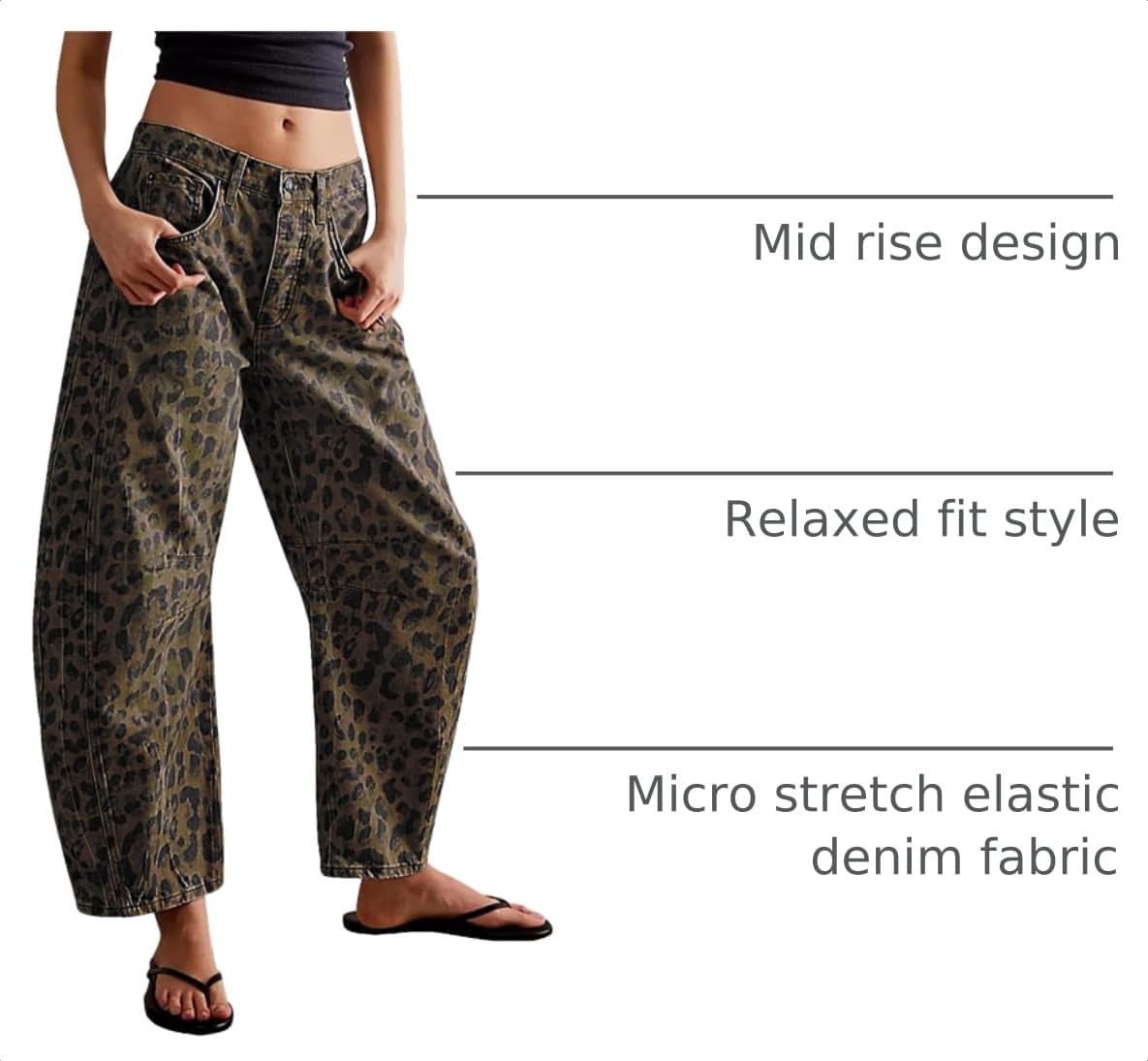Womens Stretchy Mid Rise Barrel Jeans Vintage Loose Wide Leg Cropped Denim Pants Y2k Baggy Boyfriend Jeans