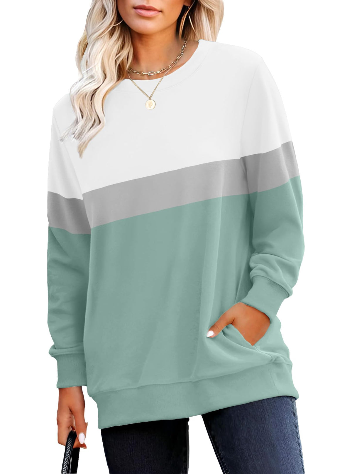RUMIA Crewneck Fall Sweatshirt for Women Plain Long Sleeve Top with Pocket