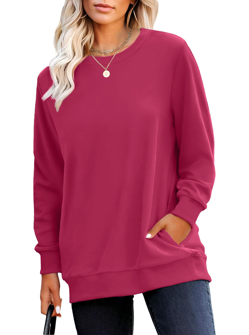 RUMIA Crewneck Fall Sweatshirt for Women Plain Long Sleeve Top with Pocket