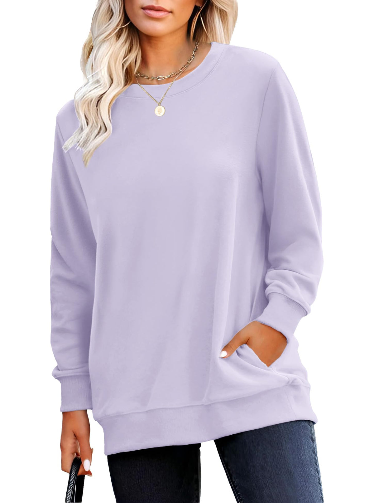 RUMIA Crewneck Fall Sweatshirt for Women Plain Long Sleeve Top with Pocket