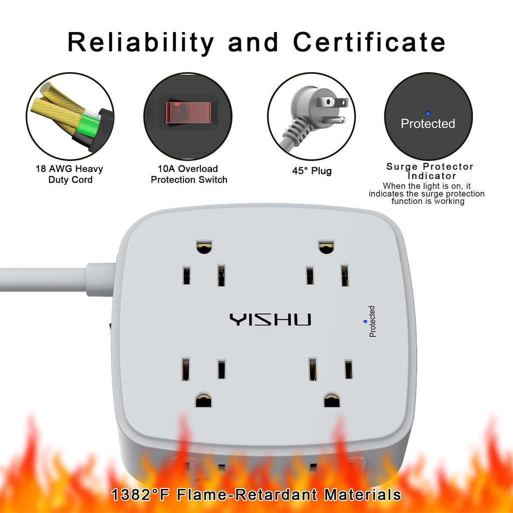 YISHU 6Ft Surge Protector Power Strip with 8 Widely Outlets & 4 USB Ports
