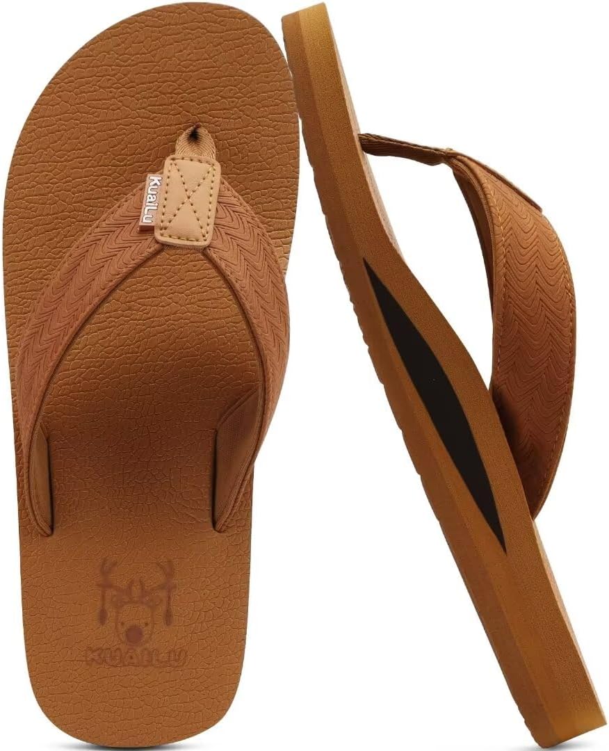 KuaiLu Mens Faux Leather Flip Flops with Comfortable Arch Support