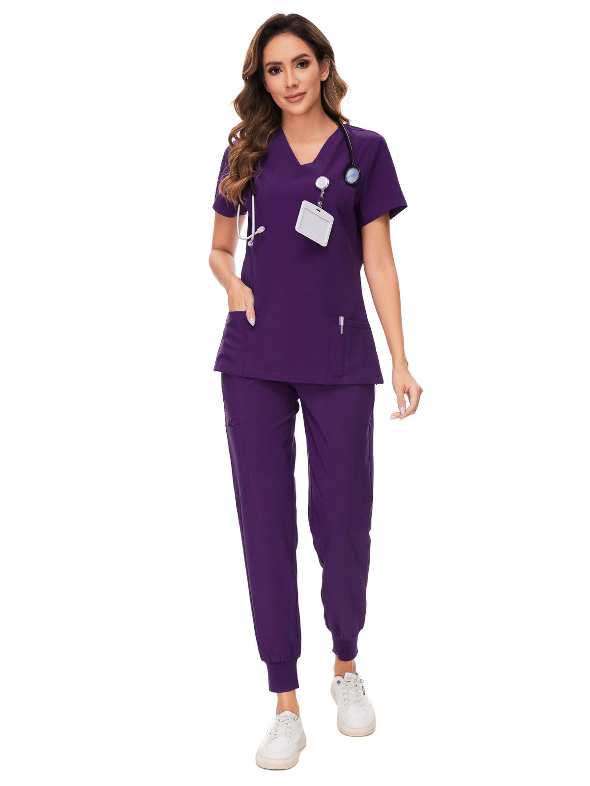 COZYFIT Scrubs for Women Set - Stretch V-Neck & Jogger Pant with 9 Pockets